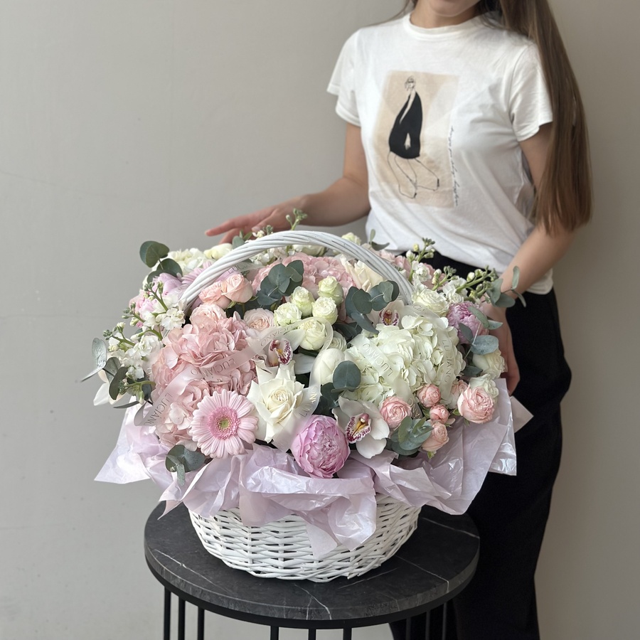 Цветочная композиция в корзине из гортензий,  роз и пионов